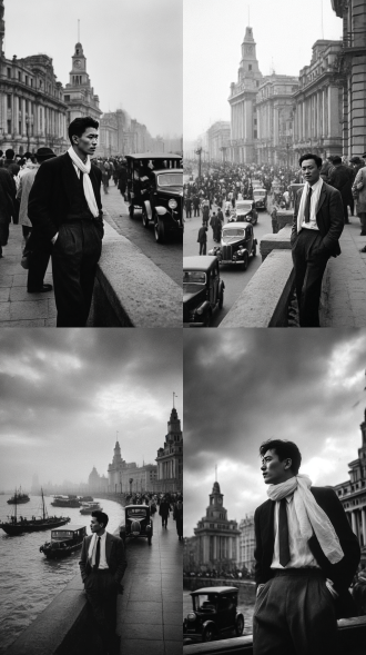 解放前夕的上海滩，黄浦江岸边连排的众多渔船，古老的欧式建筑，马路上熙攘的人流，川流的人力黄包车，老式小汽车。许文强西装革履，踌躇满志的凝望着江面，白色围巾随风飘扬。背景昏暗，天上乌云翻滚。