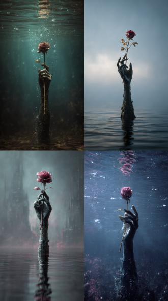 梦核，水面摄影，奇幻的场景，最终幻想风格。水面垂直伸出一只哥特式风格的手，手里握着小小一朵枯萎、腐败、残缺的玫瑰，旁。整体氛围唯美又暗黑风浓郁，画面无特定构图，超现实主义，极简主义