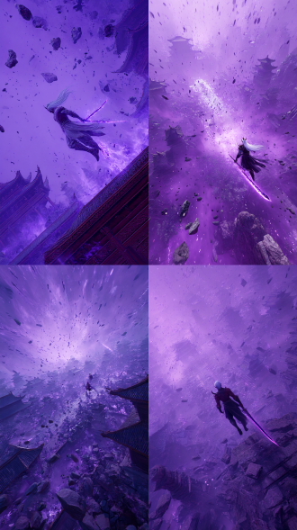 三维玄幻古风，三维玄幻古风，闪烁着暗紫黑光的巨型风暴席卷天地间庞大建筑物宫殿群瞬间沦为变为废墟碎片，石块飞溅，无数修士被废墟掩埋，笼罩在紫色迷雾中，显得阴沉慌凉。 这时凌空而立的白发魔君浑身染红，手持紫焰刀飞行着冲向了风暴中心，3d立体感，极致仰拍角度，人物后背拍摄角度，纹理肌理感明显清晰，8k质感