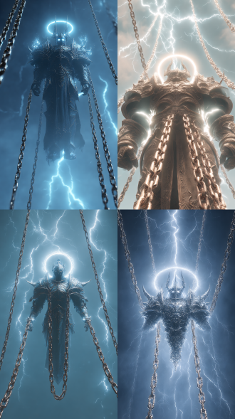 魔兽世界风格，死亡骑士团团长。大师级构图，发光晕染效果，极简而高级，细节精致，电影感强烈，飘逸而通透，8k高清，超写实，大师级摄影，绝美光影，层次分明，立体感，纹理缠绕青铜锁链，高细节呈现锁链的金属光泽与，双肩被粗大的铁链吊着，铁链向外无限延伸，天上多道雷电劈在身上真实，