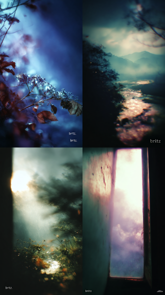 颓废治愈氛围，自然静谧气息，斑驳梦幻光影，呼吸感，梦核，流光溢彩，极致光影美学，中西艺术融合，独特胶片颗粒感，非常规构图，诗意，亮白幽黑配色，动态模糊，虚焦，高亮高饱和色彩叙事，褪色记忆，黑暗与光明交界处，前景背影虚焦失焦，远景一整团高亮笼罩整个画面，情绪拉扯，过曝。角落极小字“brtz”手写签名