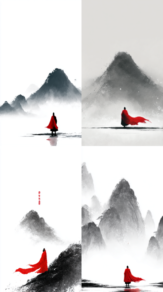 12k超高清壁纸 写真壁纸 视觉冲击力 完美构图 大面积留白，米白色熟宣纸背景，极简风格，大写意，简单的水墨形成虚幻的五行山，禅意，禅画 极简的齐天大圣剪影，水墨无形 一笔大红色甩出长长的斗篷
