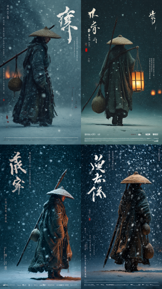 主题：电影海报，水浒传经典故事 《雪夜上梁山》，身裹褴褛锦袍，倒提扛长矛，挂着个葫芦，头戴斗笠，身披破旧披风，在深蓝色雪夜中独行 ，身后远处草料场的大火未熄灭，雪地上留下的脚印，高对比度高反差，背景为纯黑色，光线聚焦于人物，营造出静谧、氛围感十足的氛围，凸显新中式风格的清冷与柔美近景虚焦遮挡，浅景深，朦胧渐变，模糊虚化。光影呈现飘落雪花，背景有陡峭山崖轮廓 专业：8k超清画质，动态雪景使用粒子特效，人物衣纹采用细腻笔触，