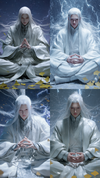 仙尊，古风，特写，聚焦人物面部。容颜俊美，冷白皮，肌肤瓷白，丹凤眼，高鼻梁，五官立体，白色长发在灵力激荡中漂浮，发丝凌乱。身穿白色华贵外袍，内搭银灰色交领劲装，衣袍飘起。盘腿坐于八卦阵中央，双手结印散，施展法术。背景是雷电交加的夜空，画面右下角有飘落的银杏叶。中式美学，奇幻艺术美学。杰作，32k超清，真人3d。oc渲染，特写，真实的光影效果，