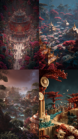 仙神文明，广阔的无边战界，天地清朗，圣光普照，处处奇花异草，灵禽异兽，是一处奇异神密的地方，它们是各个族群的争战之地，此界有巨大的防护结界。各大种族齐聚于此，仙、魔、神、人、兽、妖、不死族都在此争战，此界建筑神仙风格，设计独特，仙境风格，灵地气息，奇异花纹，圣光形态，风格独特，外形优美，琥珀红色彩，细节精致，层层叠叠，气象万千，布局完美，大气磅礴，层次分明，神密空灵。这里的人各个神情肃穆，服饰也都带着各自明显的种族特点。战界树木茂盛，风格朴实，规划合理，设计独特，风格异域奢华。色调暗黑，色彩明亮，材质磨砂钛红金，光影分明，明暗对比强烈，大师摄影，大师布局，大师补光，3d写实，oc渲染，超高清36k，超广角镜头，超仰视镜头，全面特写，极端角度，全面展示。