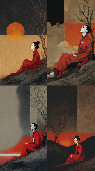 极简主义，冷色调，顾恺之的风格，磨砂肌理 远景水墨渲染，传统工笔画，传统工笔画,彩铅风格,仰视的角度，工笔插画，光影，强对比，极简构图，大色块拼贴，高级，创意，想象力，超现实主义，构图有画面张力。一个古代美人，眉目如画，身着红色交领衣裙，坐在山坡上，看夕阳。背景是巨大的落日和昏暗天空，旁边有一颗枯树。