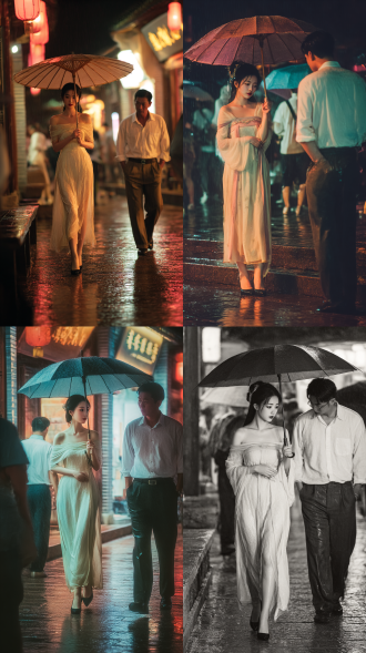 古风古韵笑语盈盈暗香去月夜，雨天，花灯，长安街一个宋代装扮的古代女子打伞前行，身高1.65米，身材高挑，国色天香，穿浅色系挂脖长裙，裙子长及脚踝，黑色12厘米高跟鞋，裙摆和没有被裙子遮住的肉色丝袜已被雨水打湿。表情忧郁，带着幽幽香气迎面走来一个现代男子身高1.8米，穿白衬衫，西裤，皮鞋，衣服被淋湿，双手插兜，背对画面，与她相对而行，擦肩而过人物形象生动，神态自然，超高清，细节丰富，优化光影处理技巧娴熟。32k超写实风格，真人摄影