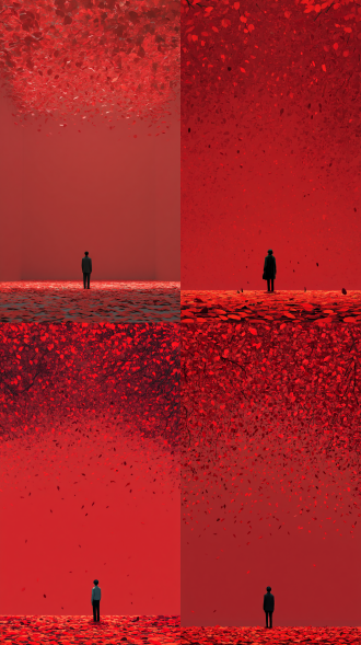 全屏都是红色，在屏幕的最上方有几枝红叶，屏幕的最下方是满地的落叶，一个人静静地站在原地，望着上方的红叶。