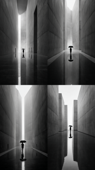 黑白摄影，空旷的建筑空间，两侧是高大的混凝土墙体，地面如镜面反光，一人撑着伞站在中央，光线从顶部缝隙照入，营造出极简、孤独且富有艺术感的氛围 。