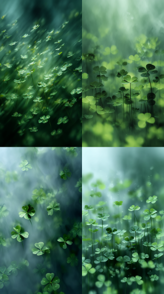 绿色，动态模糊，仙气飘渺，很多四叶草，朦胧梦幻，清幽意境，极简风格，大自然再现。