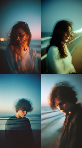 胶片摄影，抖动，高斯模糊，闪光灯高度曝光，曝光过度，暗夜，海边，人影，凌乱的头发，梦核，低饱和度色系，动态模糊，弥散渐变，