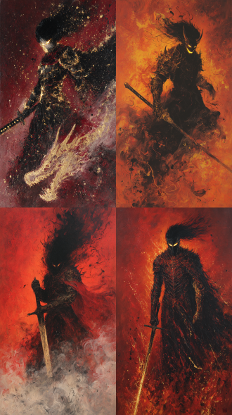 丙烯油画，混乱光影，霸道，强壮，烟雾袅然，极致细节，黑色，红色，金色搭配，水墨泼洒，豪放，暗黑风格，霸主，万夫莫敌，由纯粹的流动火焰和金色烟雾形成的身躯，发光眼，黑雾和笼罩的脸部，飘扬的黑发，，长柄武器。超长破损火焰披风，骄傲，霸气，入魔，夹杂火星的烟雾形成的邪龙