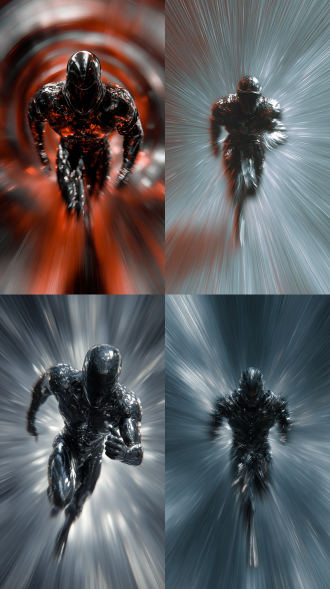 液态黑色金属装甲，狂暴刺客，正面镜头，奔跑，头部呈立体放大，动态模糊，速度模糊，背景超级时光隧道