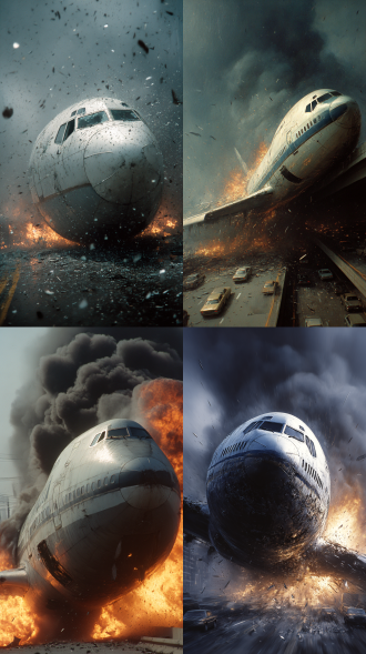 一场突如其来的航空灾难震撼大地——一架失控的巨大客机，从高空坠落，狠狠撞入城市高速公路。机头深嵌入沥青，机身断裂，粉碎的金属机身四分五裂，残破的机翼在空中翻滚，碎片如利刃般划破天际，洒落在城市上空。特写：一只飞机轮子飞上天空。 火光冲天，爆炸的烈焰在废墟中燃烧，吞噬着一切。滚滚黑烟卷入云霄，吞没了周围的高架桥与街道。惊恐的司机们丢下车辆，尖叫着四散奔逃，车灯在混乱中交错闪烁，警报声凄厉回荡。 航空灾难、火光冲天、碎片横飞、黑烟滚滚、抱着头四处逃散。超现实、象征主义、视觉冲击。