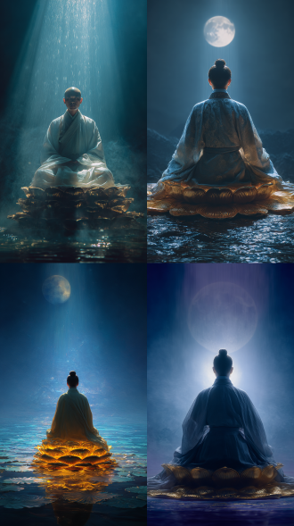 佛教弟子身披素雅汉服，面向月光盘坐于千叶妙宝莲花宝座之上，宝座绽放璀璨明光。皓月当空倾泻光瀑，月光穿透修行者身躯形成透明光晕。身体明亮，广袤无垠的佛国净土，法界，光明，蓝色天空，广角镜头展现深邃空间层次，8k超高清画质，空灵禅意与神秘氛围交织日月精华
