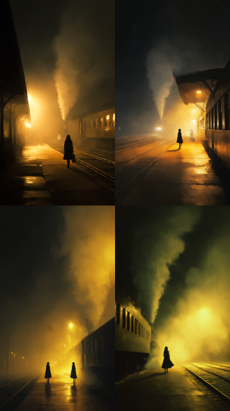 深夜，浓稠如墨的黑暗笼罩着老旧的火车站台，远处散发着昏黄光芒，在铁轨旁摇晃着微弱的光晕。一个孤独的女人身影伫立在站台边缘，她的风衣下摆被夜风轻轻掀起，身影被昏黄的光笼罩。周围是延伸向黑暗深处的铁轨，一列火车疾驰而过，火车喷出的大面积的烟雾蒸汽吞没了她，空旷而孤寂的暗调氛围里，女人仿佛在等待着远方的归人，画面带光影晃动与薄雾弥漫特效，黑灰色与暖黄色为主色调。大师构图，极致光影。