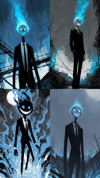 只有环境光照，暴风雨中的湖面，一位身高三米的瘦长邪恶怪人，穿着笔挺的黑色西装立于废弃工业区，燃烧着黑色火焰的骷髅头颅笼罩在冷蓝光晕中，眼部迸发穿透性蓝光，布满漫画式尖锐利齿的嘴巴裂开癫狂笑容。背景布满锈蚀金属残骸与靛青色烟雾，冷调月光与火焰形成戏剧性光影对比风格是电影真人写实 强烈身体动态，强烈动作幅度，强烈速度线，黑白平面设计，凌乱线条，黑色笔触