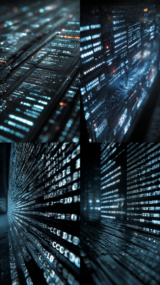 微距镜头下，一行行自发光的代码仿佛成了巨大的黑洞，有层次，有科技感，表面平坦而超逼真。一个机器人黑客在这片“海浪”上勇敢冲浪，逼真的细节，电影级的照明效果，营造出黑暗广告设计海报的宏观场景和氛围，超高清。