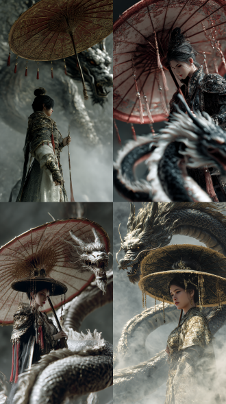 东方战神女将撑开装饰缨络宝石的混元伞，然后飞速旋转释放黑雾，黑白混色的东方巨龙在黑雾中旋转飞腾，真人特效，有青铜铭文、景泰蓝、真实场景、三维立体空间特效，高耸入云的通天巨物带来恐惧，c4d、oc渲染，电影级8k特效画面，细节立体感分毫毕现，电影镜头、电影配色，胶片写真风格，特写镜头，杰作，史诗级场景，精美壁纸，极致精细