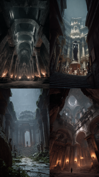 一座古代的恐怖寺庙，有破日的建筑、阴森的佛像等，超 写实风格，全景，恐怖阴森氛围，逼真细腻