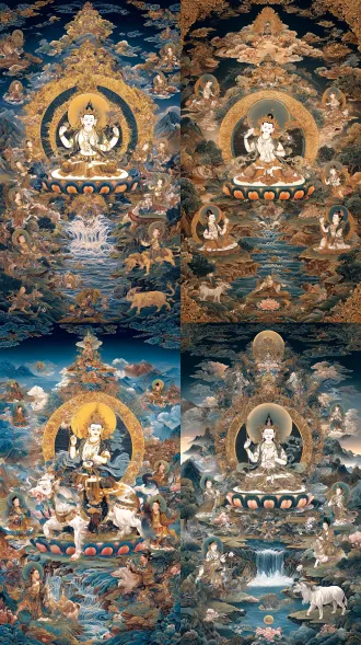 文殊，普贤，座骑神兽，四位侍者，无数的护法神，炫妙意境。高清画境。