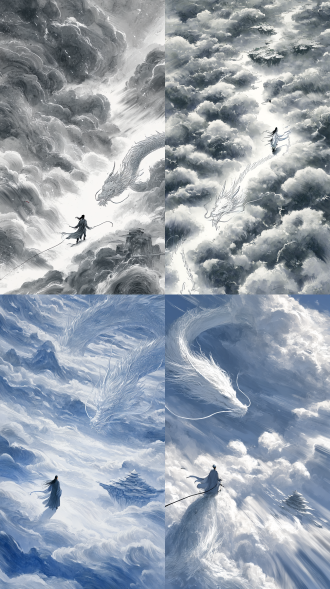 修仙场面中巨大的符纹在天空快速向周围蔓延并瞬间覆盖方圆千丈的距离，白衣修士脚踩巨型白龙头上穿行于万米高空云层间，白银质感的万里巨龙冲破水墨云层，仰视视角展现巨龙通天贯地的气势仙侠水墨风格场景，超广角构图展现翻涌如海的层积云，动态模糊处理飞行轨迹，逆光拍摄形成发丝与衣袍的白色光晕，云海尽头浮现悬浮仙岛轮廓特效风格。