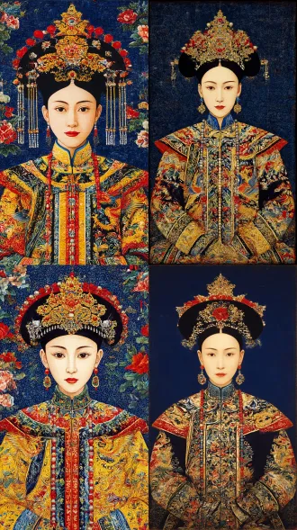 清朝皇后肖像，正面照，大眼睛双眼皮，华丽钿子冠，金色+红色+蓝色朝服龙凤刺绣，证件照，背景深蓝色，高清细节，色彩鲜艳斑斓，工笔重彩风格