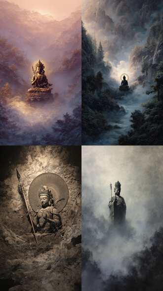 普贤菩萨，虚空之中，迷雾渐开，披荆斩棘的修行者，高品质画境