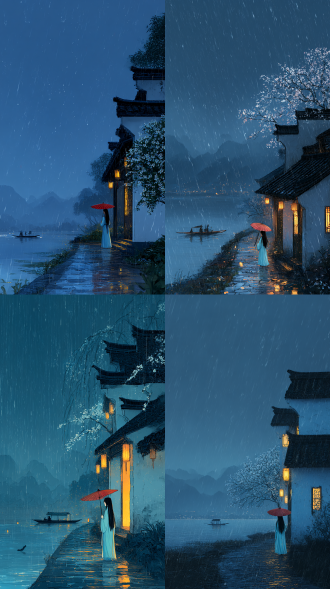 在细雨纷纷的夜晚，天空呈现出深蓝色，雨滴如丝般洒落。画面右侧，一座传统中式小屋黑瓦白墙，屋内透出暖黄色的光，给清冷的雨夜增添了一丝温馨。屋旁一棵开满白色花朵的树，花朵在雨中显得格外娇柔。湖边的小径湿漉漉的，一位身着淡蓝色古装的人撑着一把红伞，长发披肩，正沿着小径缓缓前行。远处湖面上，一艘小船若隐若现，船上似乎也亮着微光。背景中，连绵的山峦在雨雾中若有若无。整个场景营造出孤寂、清幽且充满诗意的古风氛围，细节丰富，画质细腻。