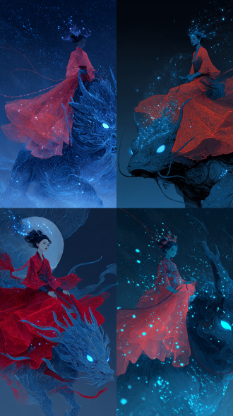 一位天仙少女，高冷，俊美，全身粒子荧光，身穿大红色裙纱，荧光粒子长袍托底，乘坐一尊瑞兽，瑞兽眼睛蓝宝石，