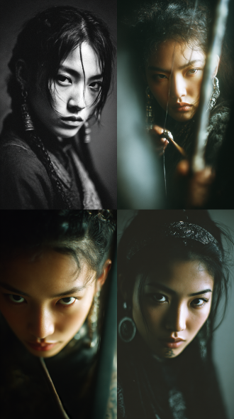 胶片摄影，对焦模糊，灰色强侧光，高曝，过曝，暗调，伦勃朗光，强烈明暗对比，高反差， 中式古典美人，黄金比例的五官，具有辨识度的五官，立体的五官，英气，飒爽，碎发，凌厉眼神，倔强，凌厉，对准镜头，部落公主，野性，眼神冰冷，冷酷，原始，部落服装，耳环，头饰，纹身，拿着弓弩 肌理质感，情绪氛围感拉满，奇特视角，胶片颗粒感，慢快门，朦胧美学，层次感，中式梦核，大师视角，面部特写