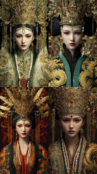 高清cg，武则天女皇帝头戴璀璨皇冠，雍容华贵，端庄优雅，身着华丽龙袍，珠翠满饰，神色威严而恬静，背景为雄伟壮观的皇宫大殿，高清晰度，高对比度，饱和色彩，全身真人写真，正面近景，宫廷光影，细腻质感，威严气场，金色主调，华美装饰，皇室氛围