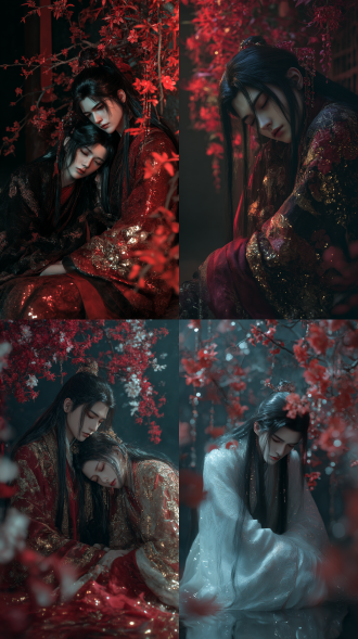 三维古风，国风光影，顶摄影像，古风美男，黄昏微光，暗黑魔幻，发光体，超长飘发，蓬松闪亮的细密黑色长发，精致艳丽的妆容，疲倦破碎感，脆弱，身披华丽的衣袍，多巴胺色系主题，背景坐在庭院的红梅树下睡着了。全身构图，古风，hdr，立体，3d渲染，虚拟引擎渲染，高清，8k极致高清晰度极致细节，史诗级清晰度，一个由粒子组成的珍珠妖粒子发光生物发光金色闪片透明流体，新三维古风，超真实3d，8k极致高清分辨率，8k极致丝绸反光，8k极致细腻肌肤，8k极致高清电影，玄幻缥缈的，脸部特写，杰出的，大师杰作品，女子正脸与长发俊美绝美男子拥抱，低头贴在他的脖颈处，忧郁的眼睛，绝美眼睛，面若桃花害羞带放，欲拒还迎，氛围暧昧，水帘洞男子坐在太湖石前水潭壁咚强制爱，前面拥抱，背后拥抱，各种抱抱，耳鬓厮磨 形容亲密贴面低语微笑，动作轻柔暧昧 看向镜头，国风油画，岩彩板画，。古风意境，暖色系，朦胧，迷幻，弥散渐变，层次感，梦幻，超现实主义美学，空灵，如梦似幻，近景，极致写实油画。绝美光影，三维古风,微距摄影,移轴拍摄,高角度拍摄,浪漫古风,电影光,生物学发光，。她的头发惊人的长，蜿蜒拖尾拉丝，超级长大波浪卷有3米长，头发上装饰了无数朵流苏飘带，流苏飘带璀璨星河堆砌覆盖掩埋，就像一条流苏瀑飘带布铺满地面伸向镜头近处发丝如黑色海藻群涌向镜头，部分发梢已突破地面形成透明流体张力，灵动与生机。大唐盛世氛围，后花园太湖石牡丹花，华丽惊艳氛围带浪漫感,高贵优雅，朱砂红色调，薄如蝉翼纱衣，头戴首饰，依靠在丛林中，烟雾缭绕，慵懒，邪魅，高质量，高细节。图片风格为cg 厚涂，
