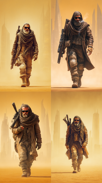 风格为废土世界，远处黄沙满天模糊的尖型建筑，近处沙漠废土的地平线正面走来了一位中年大叔，头裹着褐色暗格子头巾，浓密胡须明显，眼睛戴黑色墨镜，身穿旧材质皮衣皮靴，身后背着一把大的栓动狙击枪，手戴褐色战术手套，做边走边双手低头点烟动作。