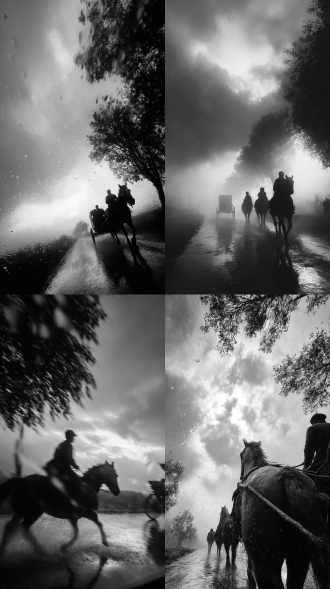 天空幽暗深邃，黑云密布，大雨滂沱，道路上，雨水成洼，一辆马车正疾驰而过，车轮溅起的水细节清晰，马身上的鬃毛根根分明，肌肉线条紧绷，浑身湿透，展现出奋力奔跑的姿态。路旁的树木枝叶在狂风暴雨中低垂倾斜，叶子因雨水而反射水光，每一片叶子的脉络都细致入微。人物形象生动逼真，表情刻画精准，他们的衣物材质质感十足，褶皱自然，仿佛能感受到面料的粗糙或柔软。8k高清画质