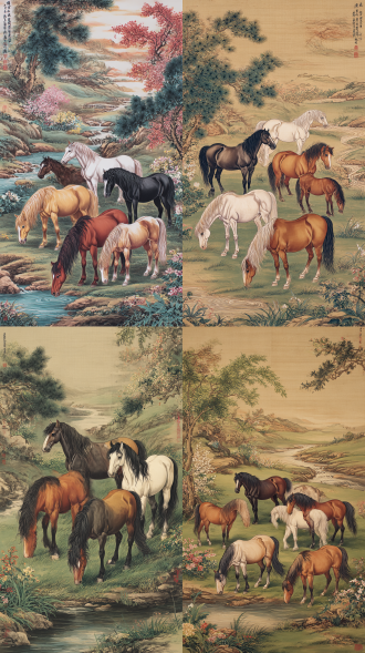 几匹骏马，毛色、肥瘦各具特色，或悠闲地站立，或低头吃草，或低头饮水，或嬉戏。环境是山坡，草地，花木，杂树，溪流。艾启蒙风格，色彩丰富鲜艳，刻画细致入微，一阵狂风吹来，视野开阔，色调极轻微地偏暗。地平线上火烧云。暗黑