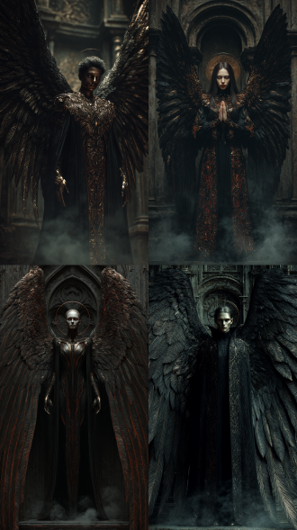 帮我生成一张图片：黑翅天使站立在哥特式废墟前，暗黑风格，黑金色金属质感羽毛泛着冷光，面部神圣感与堕落美交融，翅膀展开达五米宽，暗金赤色纹路从锁骨蔓延至羽尖，超现实8k画质，电影级光影，冷色调烟雾环绕足部，画面充满宗教寓言感，液态金属，地狱鬼王。