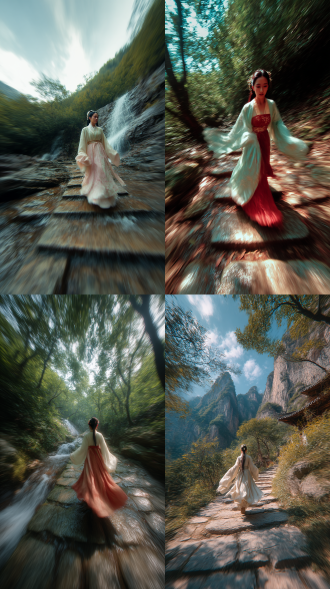 我在追一个跑在前面的古装美女，百丈漈瀑布后面的山道，沉浸式视角，超广角 16mm，剧烈晃动，动态模糊，高帧率捕捉，呼吸急促效果，环境风噪模拟，