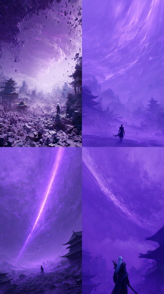 三维玄幻古风，闪烁着暗紫黑光的巨型风暴席卷天地间庞大建筑物宫殿群瞬间沦为变为废墟碎片，无数修士被废墟掩埋，笼罩在紫色迷雾中，显得阴沉慌凉。 只见远方有一道紫色刀光划破长空将整个龙卷风暴一分为二，光滑闪亮的紫色刀片散落整个高空，视觉效果震撼真实，立体感突出，虚空撕裂感，空间扭曲，白发的魔君浑身立于风暴之中，俯瞰下方 已经沦为废墟的建筑群。