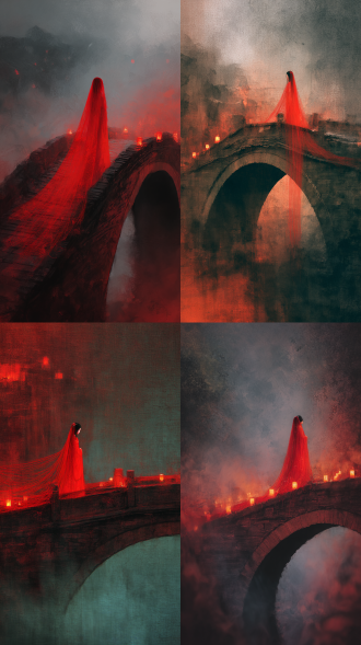 华丽水墨人物插画，叠涂，弥散渐变，色彩饱满有层次。 模糊深色背景，画面昏暗，阴冷，阴森，可怕，红复古嫁衣新娘，头上盖着红盖头，行走在古风老旧石桥上，桥边燃烧红色蜡烛，诡异民俗风格，红线，流动感，神秘，氛围感拉满，模糊雾气，冷色调。繁复垂坠，画面光影明暗对比。模糊前景。阴间特效。仰视视角。近景特写。