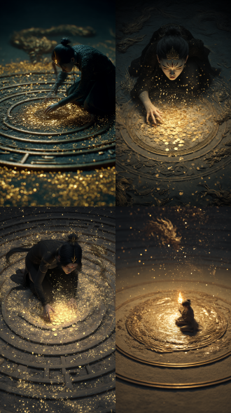 1. 3d国漫cg质感， 玄色半掩的女子跪坐于八卦阵眼，眉间烙印着火焰图腾。她指尖划过阵眼，阵中腾起无数金色符咒，周围环绕着青铜饕餮虚影，暗金色粒子如流沙汇聚，弥漫着神秘妖冶的气息。