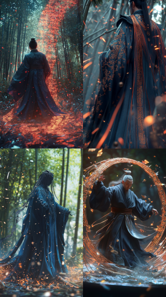 三维民国竹林战场中赤竹军师挥舞青铜罗盘触发量子竹阵，靛蓝长衫衣摆翻涌《周易》甲骨文全息流。解放兵阵列投射的枪火在竹节表面激荡出青铜回纹防护场，千万竹叶幻化为纳米级《孙子兵法》篆书粒子屏障。军师指尖牵引的暗红丝线连接悬浮竹简符咒，每片竹简迸发剿匪进行曲节奏的光爆涟漪。采用houdini模拟2.8亿竹叶流体动力学，xgen生成竹节表面0.003毫米级《赤竹宣言》蚀刻光轨，nanite引擎构建青铜罗盘内7.3亿动态卦象节点。octane渲染器实现32位色深下雅安悲腔