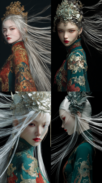 发丝飞扬，线条清晰，明暗对比，超高清，高级感，最高画质，绝美眼睛，长睫毛，细腻渲染，绝美眼睛，狭长凤眼，丰富细节，美女，邪魅，魅惑，面部阴影，面部特写，丰富的细节，站姿，精美妆容，红唇，精致全批发，长发，绢花头饰，多重艾绿+雪青+姜红服饰，衣服材质：丝绸，金属纱+提花欧根纱+刺绣绸缎+繁复垂坠褶皱，全身图，古风美人。绝世容颜的古族熏儿，倾国倾城，烈焰红唇，傲人的身材，国风15万根长发由纤细银白光绘线条构成，长发金属质感，3d立体，大波浪流水般发丝自然柔美，纯黑背景中发光线条与暗部形成强烈对比，造型兼具空灵与梦幻感，唯美，惊艳，华丽，正面特写，绝美，半遮脸，魅意，银光瞳，傲慢，80000000000k超清细节展现光迹的精密轨迹，极简主义美学结合高动态范围渲染，800000000000k动态光影在整顶长发形成微妙流动效果，80000000000000k肌理感肌肤，四维深度真实空间感，10000000000000k超清画质，消除一切影响清晰度的不良因素，古风，岩彩板绘，白皙肌理磨砂，幽蓝暗黑魔幻，新三维古风，奢华，精美闪耀流苏，国风光影，三维粒子，亮片，生物发光，发光粒子，粉红唇釉光亮，80000000000k超高清像素，6400000000k高清出图，面对镜头，温婉美人，古风美女面孔，五官精致，18万根秀发黑色发色，丰满设计，背景马卡龙黑冷色系，封神榜绝色美女苏妲己，中国古风人物形象。艺术感。80000000k超清电影画质。消除一切影响清晰度的不良因素。 超清1080p
