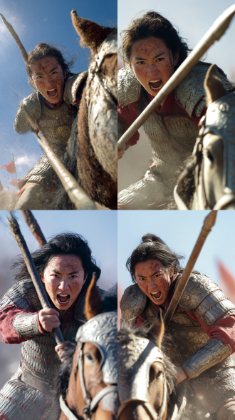 花木兰身着真实质感的金属铠甲，铠甲上有精致的纹路和战损痕迹，手持长矛，矛尖挥向镜头，骑着战马在疆场驰骋，表情坚毅，怒吼。脸上有泥土和汗水，飞扬尘土，阳光照耀，画面清晰逼真，广角，人物近景特写，电影大片既视感，大片级别，战争激烈氛围，英勇豪迈，居中构图，人物特写，消除一切影响清晰度的不良因素。 超清1080p