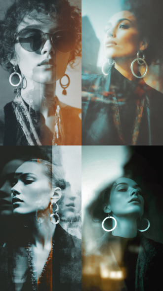 对焦偏移，胶片摄影，海报，多重曝光，多重模糊晕染，意境完美融合，暗调，青橙+黑白+淡彩，个性透视视角，非对称，抓拍时尚名媛人像及都市印象，银色圆圈大耳环，日落余晖，空气感，情景氛围感拉满，现场感，既视感，胶片质感，光朦，暗朦，过曝，橙朦，退色，逆光美学，深色加深，亮色增亮，hdr效果，写意，视觉创意，大片美学，前卫艺术，大师杰作，英文信息点缀