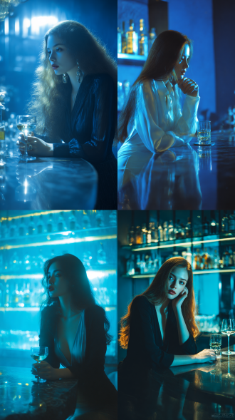 前卫时尚摄影作品，夜晚，现代都市酒吧，独自一人喝酒买醉，都市丽人，高清真人，高级感，优雅，人物、发丝飘动、光泽、面容阳光美丽，面容精致，细腻皮肤、长发飘飘，黄金比例的身材，简约时尚服装、摆着各种姿势，柔软质地、梦幻蓝调氛围、宁静神秘梦幻。大师杰作，最佳质量，高清细节，良好的构图，时尚摄影，电影滤镜，高品质32k