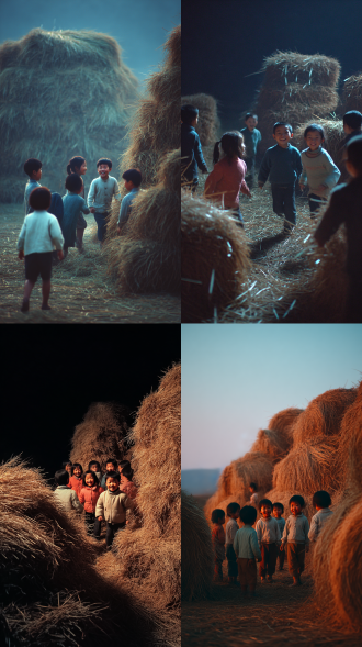 一个月光皎洁的晚上，80年代的农村的一片空地上，堆着几个麦秸垛，一群中国可爱的孩子们在麦秸垛之间玩追逐游戏，脸上洋溢着天真烂漫的笑容，中景，4k超高清摄影，大师级构图，电影质感