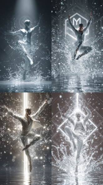 空灵。帅哥，轻薄敞开灰衬衫，衣摆随着动作翻飞，轻薄白背心，紧身西装裤，尖头皮鞋。酷帅俊美的寸头。面容精致坚毅。踢水，水魔法。高抬腿呈90度以上，伸比直的腿，大幅度动作，潇洒的俊帅动作，轻松高抬起的手臂，动作硬朗潇洒。芭蕾舞般的帅气动作。坚毅俊美的面部表情。逆光，舞台中央有一个明亮的光源，两层光线呈放射状向四周散开，里层为放射状led光带，极其耀眼。外层为放射状线性光芒，光带穿透人物，给人一种强烈的视觉焦点感。周围的背景布满咖色的畸变几何图案装饰，中间一个标志。这些图案在灯光的映衬下显得格外华丽和耀眼，增添了舞台的奢华氛围。地面零星灯光。晶莹水花大面积飞溅，水花四散，在画面各处飞舞如同闪耀的星光。满画面的飞溅水花像满画面的星星。地面如镜，映出光影。白色积水晶莹如镜。飞溅水花折射出漂亮的光晕。飞扬的水花充斥画面。极多的水花环绕周身与整个画面。发丝光，发丝呈透明质感，强烈的明暗对比，闪耀，暗调，闪亮，过曝，多重曝光，高噪点，镜头美学，电影质感，高级感。晶莹剔透的水花被光线照的透明。冷调主光源（色温5600k标准日光模拟），暖调辅光（琥珀色led灯阵列，cct 2700k）。高支数棉质面料（120s精梳棉）的垂坠感，水晶折射率（1.33）的液态动态 ，胶片颗粒度（iso 800模拟噪点）。解构主义剪裁的宽松白裤（臀围/裤脚比例1:2.3），空气动力学设计的飞舞衣摆（风阻系数0.28），雕塑感面部轮廓（颧骨高度与下颌线夹角115度）。利落寸头（发梢长度2cm）的流体力学造型，发丝光的丁达尔现象，水花抛物，多重曝光合成（3次曝光间隔0.02s）。伦勃朗布光法（主光占比60+辅光30+轮廓光10)。运动模糊算法（高斯模糊半径3px）。光子散射（mie散射占比65），星云状光斑（airy盘直径0.005mm）