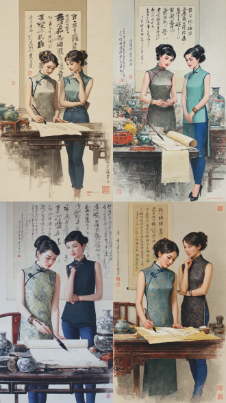 背景墙为书法条幅 两位上身穿无袖旗袍、下身穿蓝色紧身牛仔裤的美女 其中一位站在放有文房四宝的书案后 手握着毛笔 正在写书法作品 而另一位则站在旁边侧目欣赏