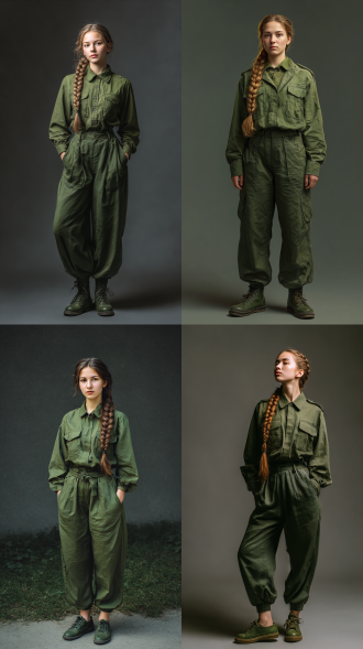 有一位人美的年轻女子，长发一根辫子，20岁，气质，青春靓丽，典雅，完美，优雅，大方，窈窕淑女，身穿绿色知青服，长裤，军绿胶鞋，朦胧感，正面全身像，电影光照强度，32k，生成灰布军装赤脚草鞋女红军